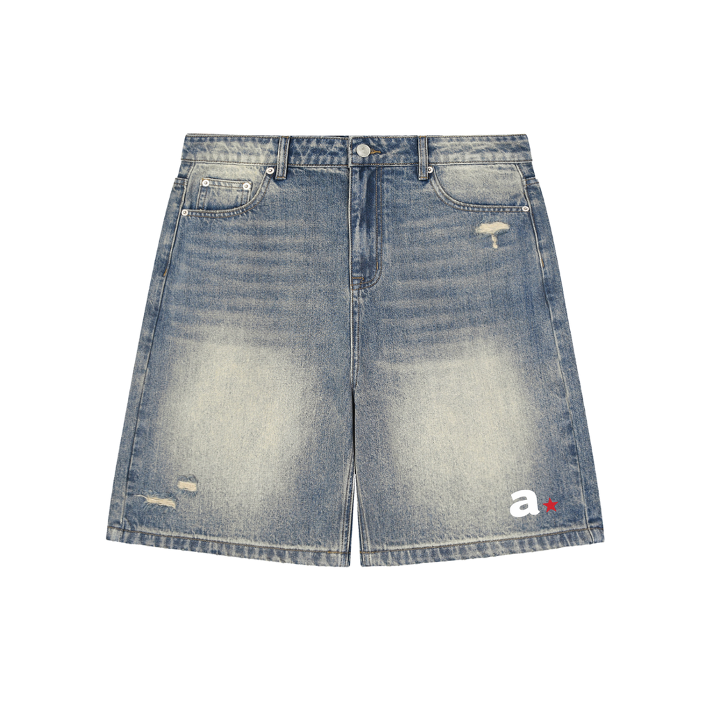 A STAR FADED DISTRESSED DENIM SHORTS