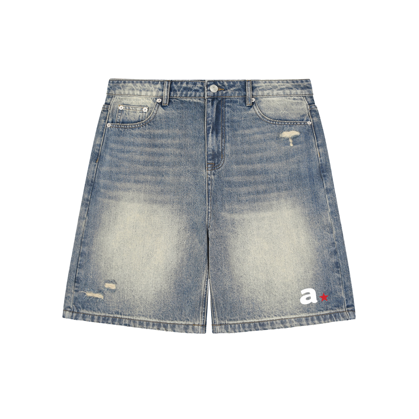 A STAR FADED DISTRESSED DENIM SHORTS
